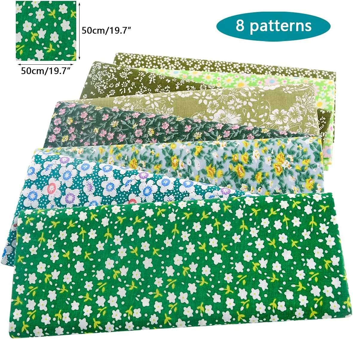 پارچه نخی ترمینال 100% پنبه برای خیاطی (8 تکه) 50x50 سانتی متر، پارچه خیاطی برای مبتدیان، پارچه نخی طرح گل، پارچه های مربعی، تکه دوزی پارچه های DIY، پارچه لحافی از قبل برش داده شده (سبز)
