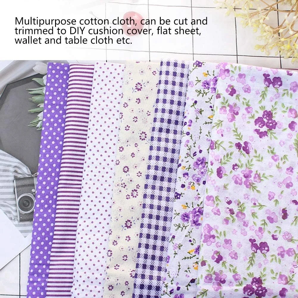 پارچه نخی صنایع دستی، 7 تکه / ست پارچه نخی خیاطی، پارچه های مربعی تکه دوزی پنبه ای DIY خیاطی اسکرپ بوک لحاف دوزی طرح نقطه ای صنایع دستی هنری برای خیاطی DIY و ساخت صنایع دستی (سری گل بنفش) (S)