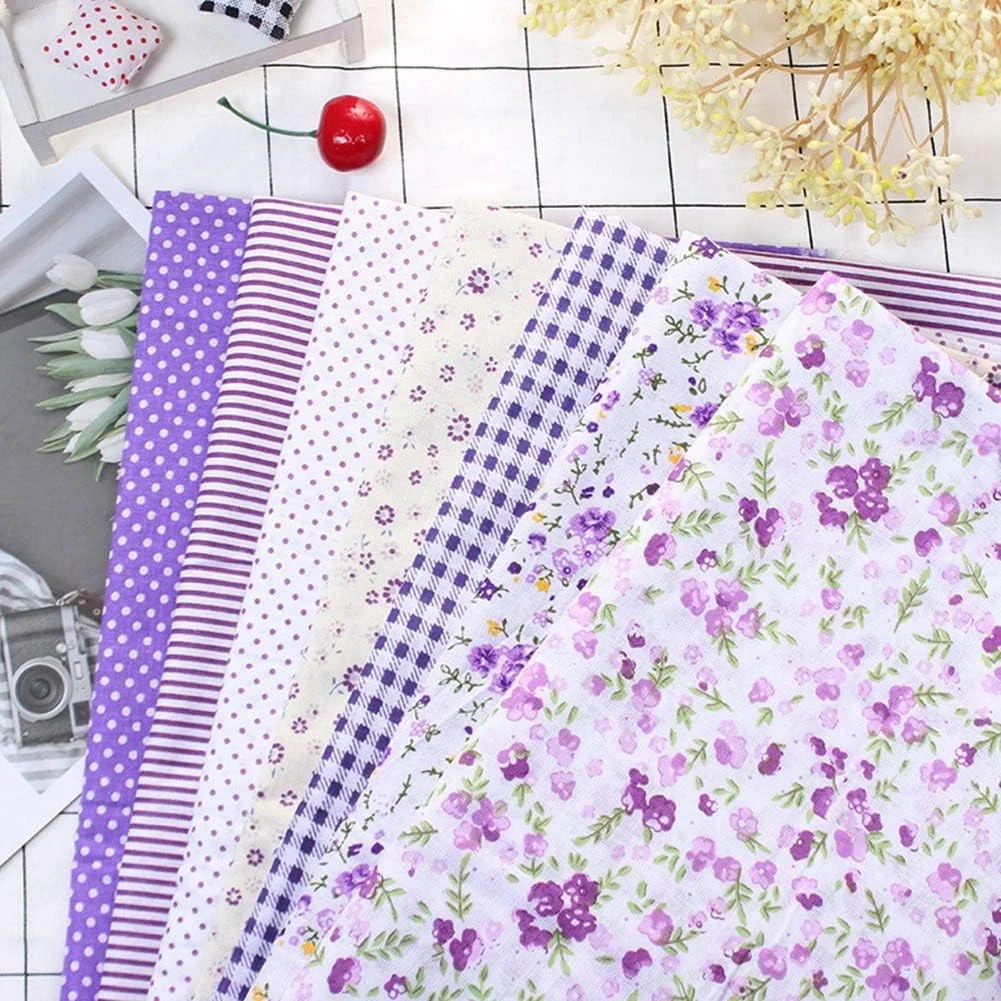پارچه نخی صنایع دستی، 7 تکه / ست پارچه نخی خیاطی، پارچه های مربعی تکه دوزی پنبه ای DIY خیاطی اسکرپ بوک لحاف دوزی طرح نقطه ای صنایع دستی هنری برای خیاطی DIY و ساخت صنایع دستی (سری گل بنفش) (S)