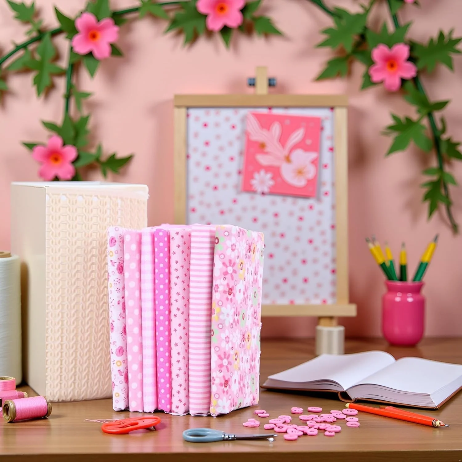 بسته پارچه ای نخی صورتی Sluswallow شامل 7 تکه پارچه مربعی مناسب برای تکه دوزی، خیاطی DIY، اسکرپ بوک، لحاف دوزی، طرح های گلدار و خال خالی، هنرهای پارچه ای، صنایع دستی 25cm x 25cm (10" x 10")