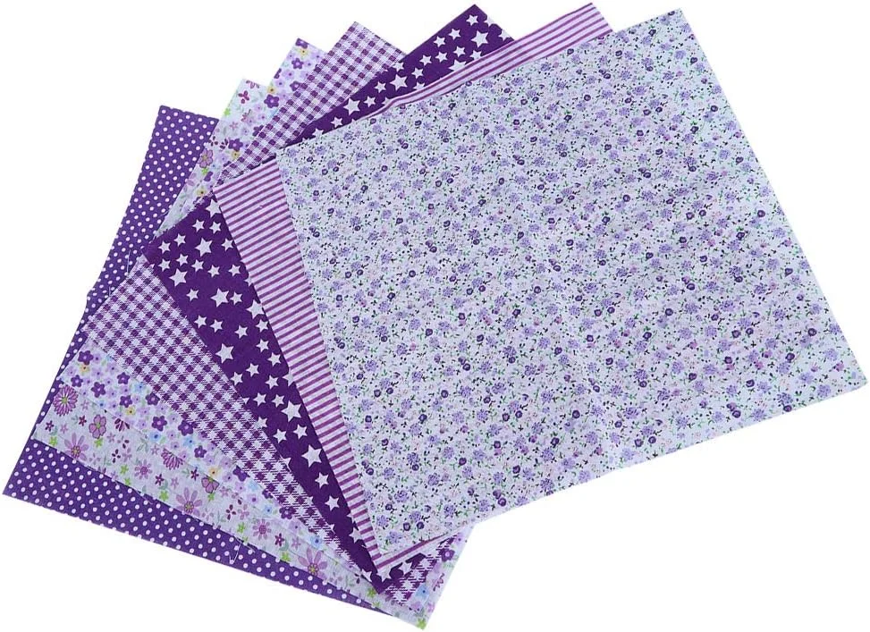 ۷ تکه پارچه چاپی، پارچه های نخی ۵۰x۵۰ سانتی متری برای تکه دوزی، پارچه برای خیاطی، پارچه خیاطی، صنایع دستی دست ساز، سرگرمی، خودت بساز، برای رومیزی، پرده، تزئینات بنفش
