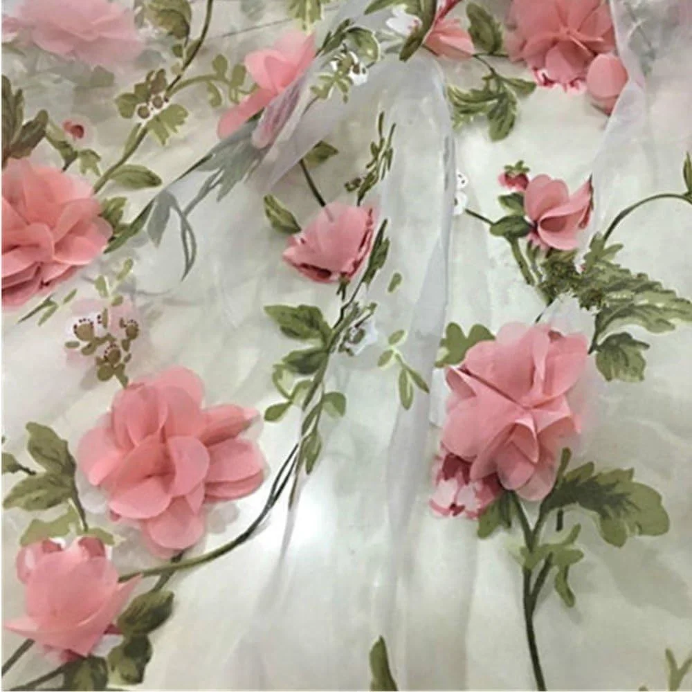 پارچه توری Tong Gu، ارگانزا، گل رز سه بعدی صورتی، گلدوزی گلدار پهن 140 سانتی متر (طول 1 متر)
