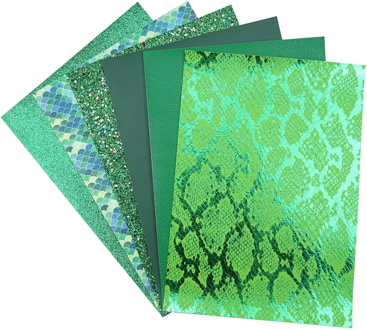 لیچی 6 تکه/ست ورق چرمی 21x30 سانتی متر (8x12 اینچ) A4 سری سبز مخلوط اکلیلی درشت و ریز، پولک پری دریایی، پوست ماری چرم مصنوعی برای ساخت پاپیون، گوشواره، کاردستی DIY