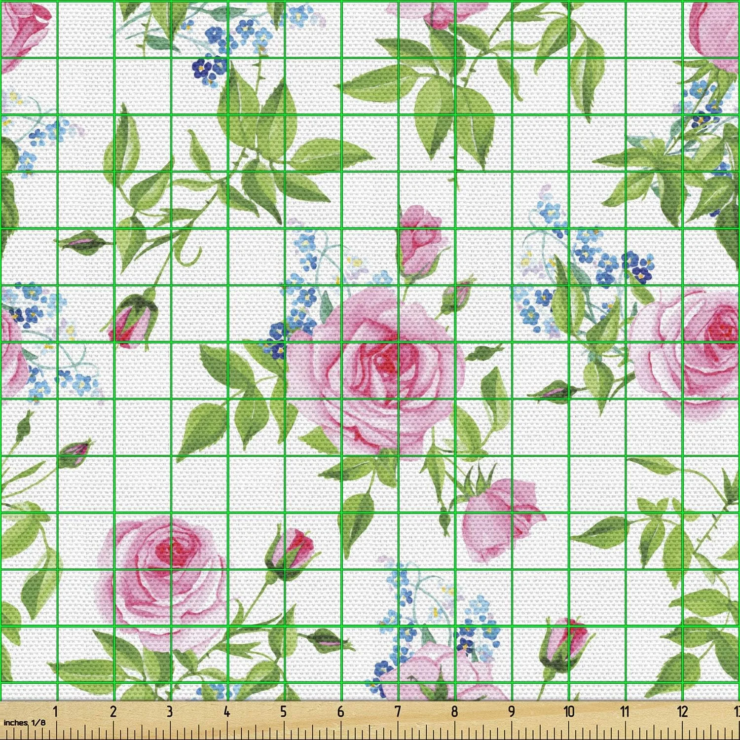 پارچه طرح گلدار کهنه نما Lunarable، گل های فراموشم مکن با گل رز صورتی، تم بهاری لطیف و ملایم، پارچه تزئینی برای روکش مبل و لوازم منزل، 2 یارد، سبز صورتی