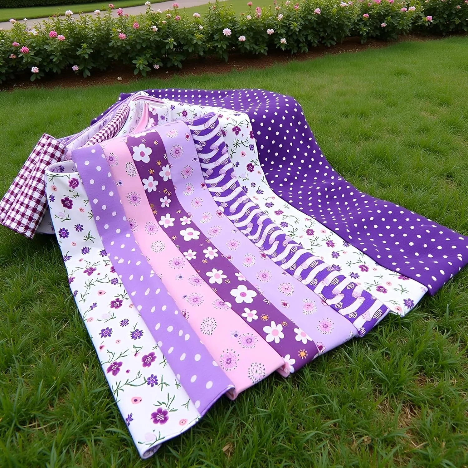 بسته پارچه ای 7 تکه ای نخی بنفش، مناسب برای تکه دوزی، خیاطی، اسکرپ بوک و لحاف دوزی با طرح گلدار و خال خالی (25cm x 25cm) بسته پارچه ای 7 تکه ای نخی بنفش، مناسب برای تکه دوزی، خیاطی، اسکرپ بوک و لحاف دوزی با طرح گلدار و خال خالی (25cm x 25cm)