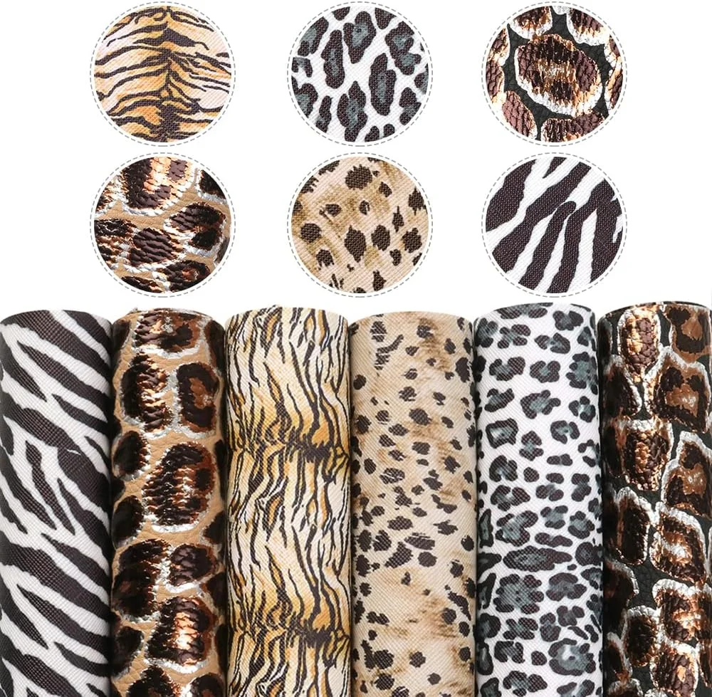 برگه‌های چرمی مصنوعی طرح پلنگی گورخری متالیک David accessories، 6 عدد، 20 سانتی‌متر در 33 سانتی‌متر، شامل 2 نوع چرم برای ساخت گیره مو و گوشواره (ست طرح پلنگی)