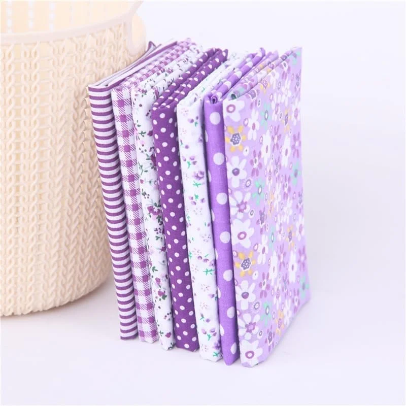 YSSZAM بسته پارچه ای نخی بنفش 7 تکه، پارچه های مربعی تکه دوزی، خیاطی DIY، اسکرپ بوکینگ، لحاف دوزی، طرح گلدار خالدار، پارچه صنایع دستی و سرگرمی 25cm x 25cm