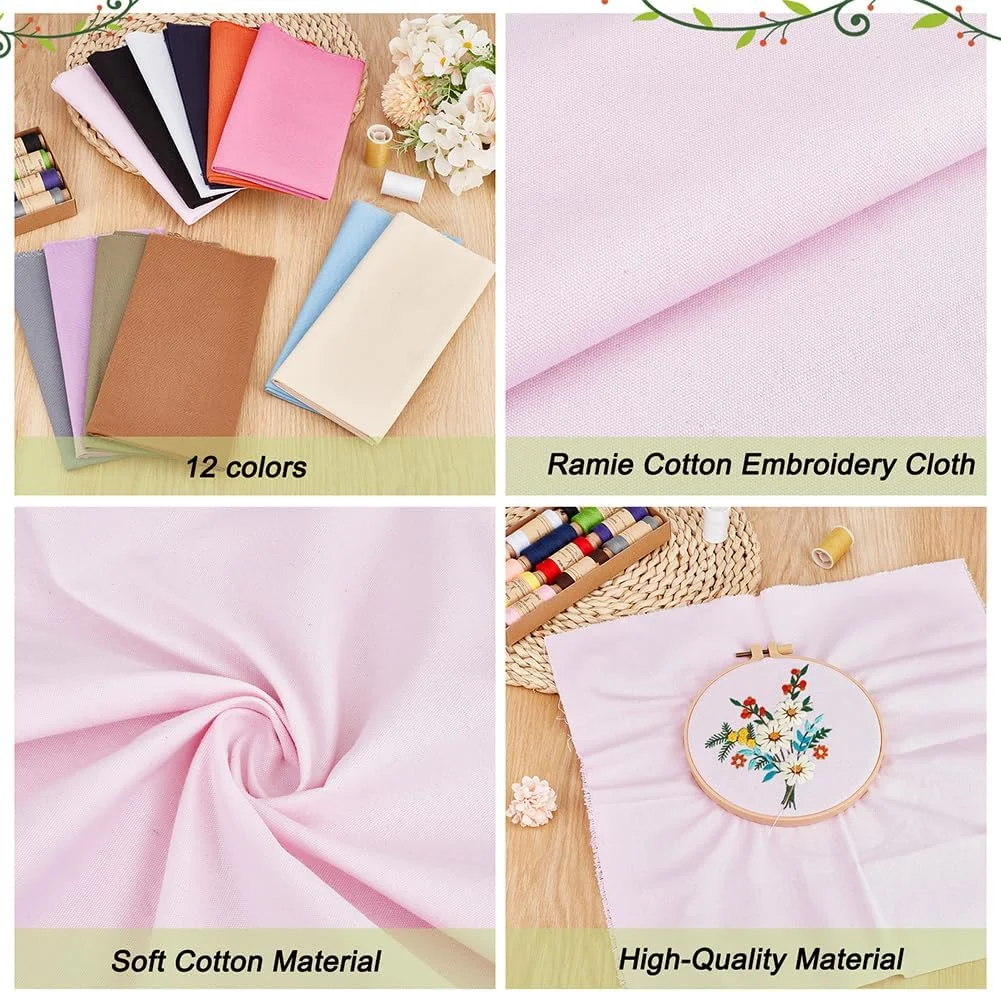 پارچه گلدوزی مربعی نخی BENECREAT، 12 عدد در 12 رنگ، 30x30 سانتی متر، پارچه گلدوزی سفید، پارچه گلدوزی برای کاردستی و DIY