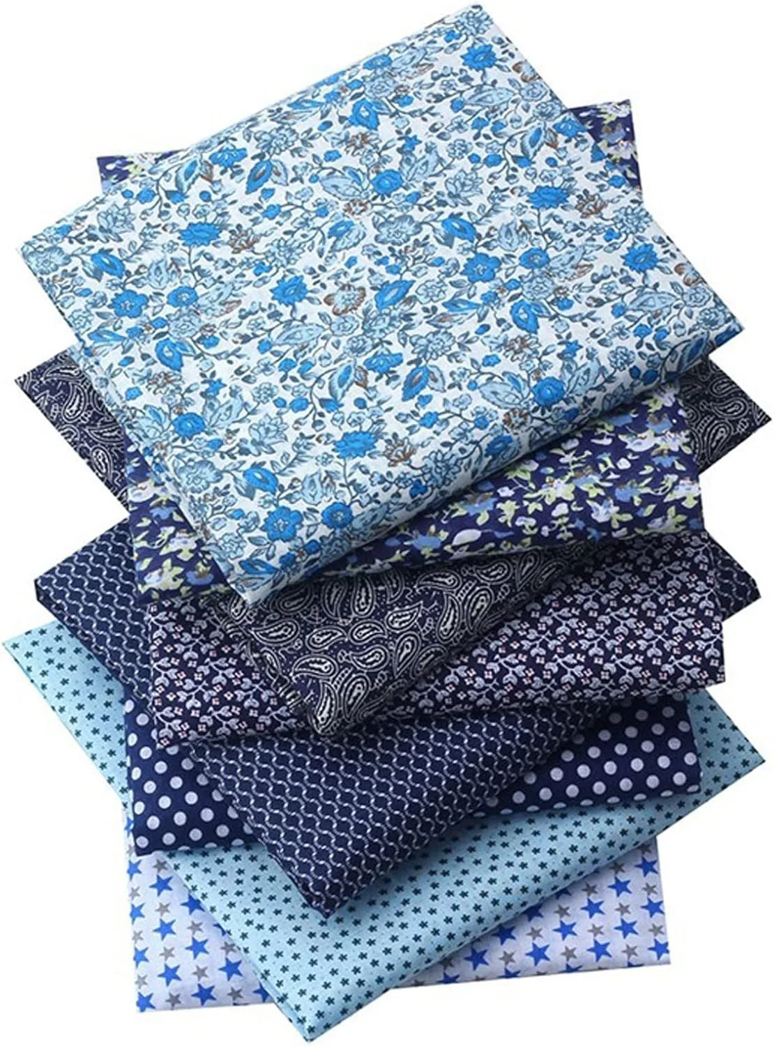 بسته پارچه های نخی، بسته پارچه های تکه ای 8 عددی 50x50 سانتی متر، جنس پارچه چهل تکه دوزی برای دوخت تکه دوزی، پارچه های طرح دار مختلف، کاردستی هنری اسکرپ بوک DIY (آبی سرمه ای-8)