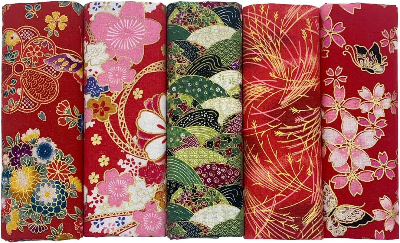 aufodara 5 Pieces 40 x 80 cm Cotton Fabric Sewing Japanese Style Bronzing Printed Patchwork Quilting Scrapbooking DIY Handmade Fabric (Red)