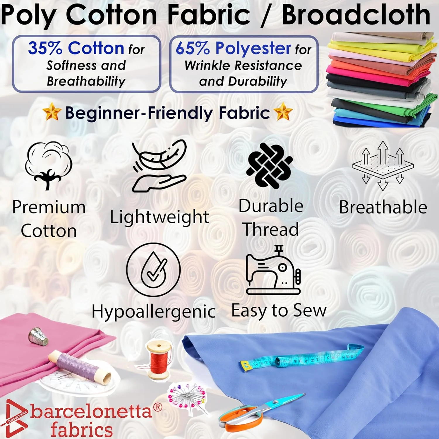 Barcelonetta | Poly Cotton Fabric for Sewing | Broadcloth Fabric | by The Yard | 60" Wide Roll | Lightweight, Breathable | Lining, Home Textile, Skirts, Tote Bags (Black, 5 Yard)