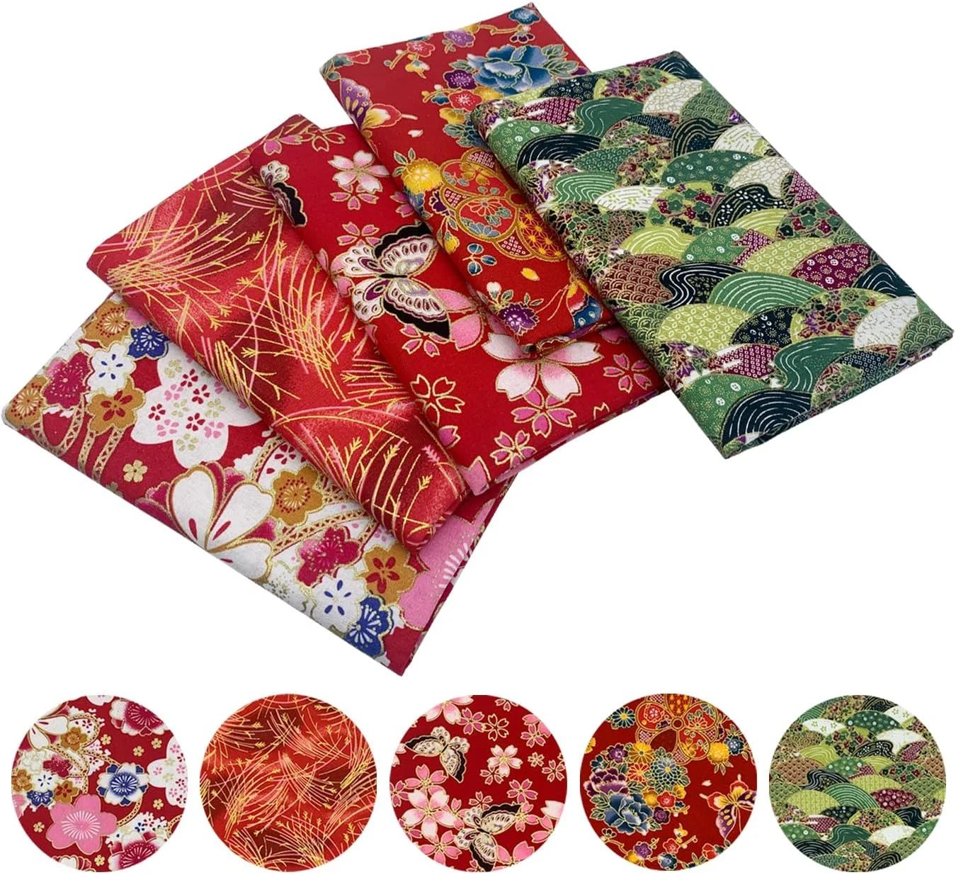 aufodara 5 Pieces 40 x 80 cm Cotton Fabric Sewing Japanese Style Bronzing Printed Patchwork Quilting Scrapbooking DIY Handmade Fabric (Red)