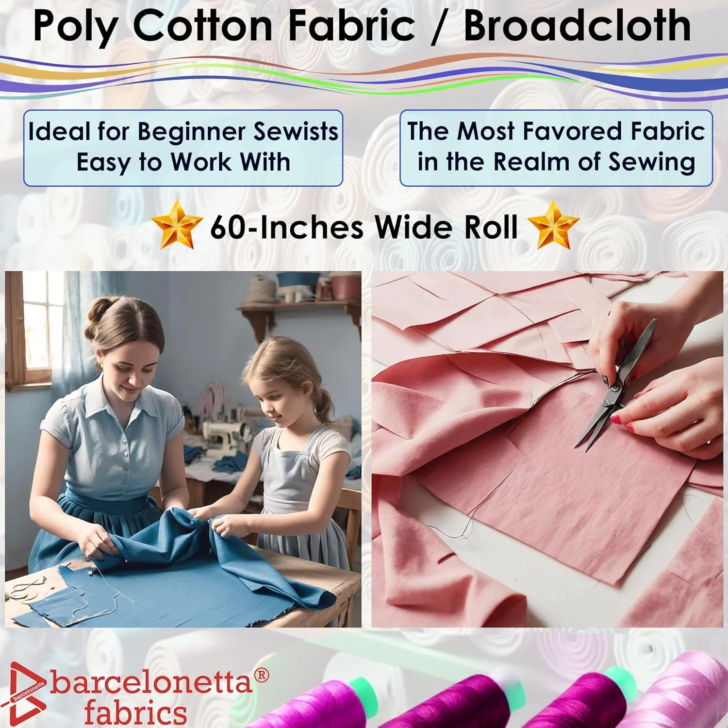 Barcelonetta | Poly Cotton Fabric for Sewing | Broadcloth Fabric | by The Yard | 60" Wide Roll | Lightweight, Breathable | Lining, Home Textile, Skirts, Tote Bags (Black, 5 Yard)