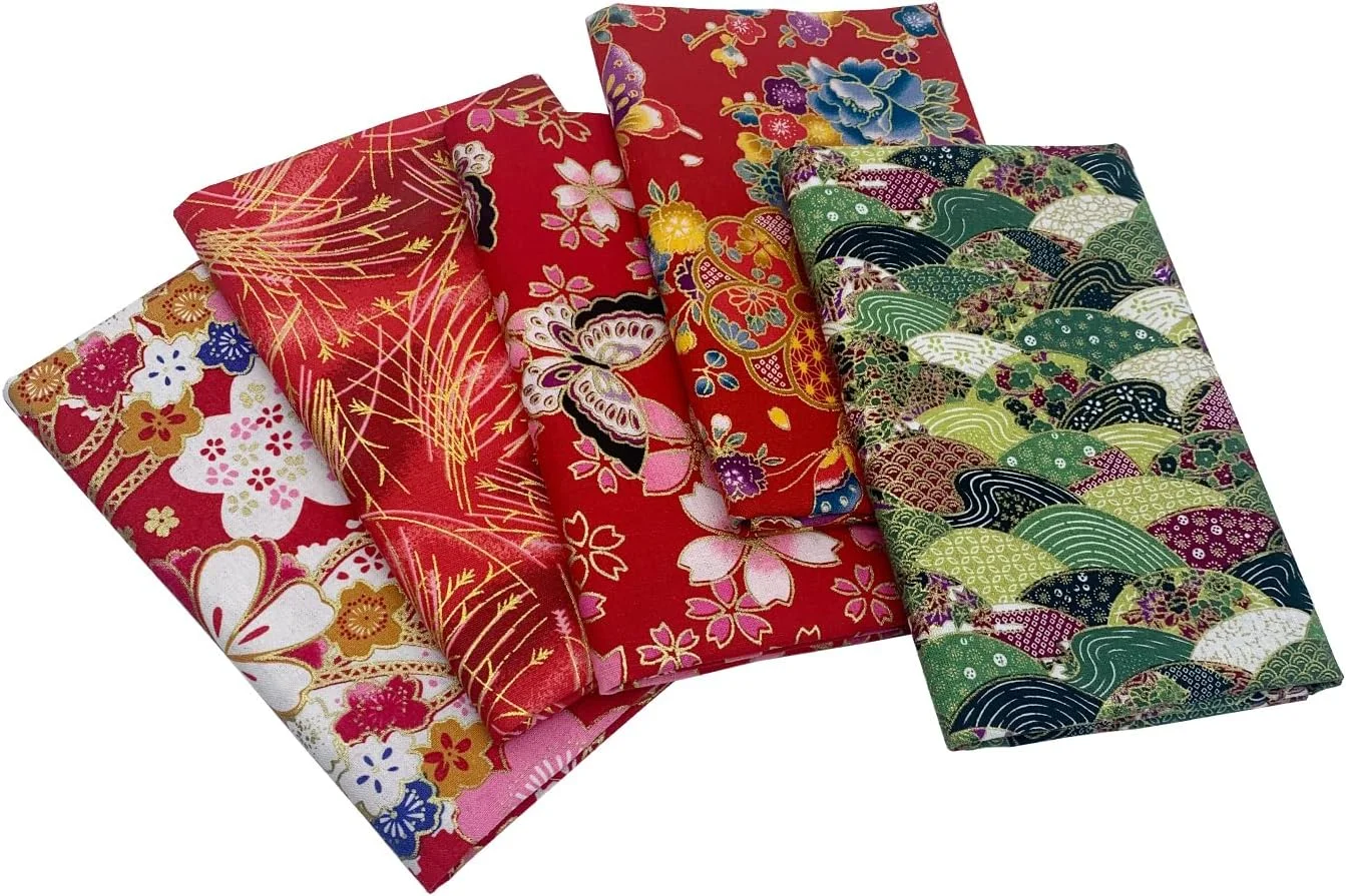 aufodara 5 Pieces 40 x 80 cm Cotton Fabric Sewing Japanese Style Bronzing Printed Patchwork Quilting Scrapbooking DIY Handmade Fabric (Red)