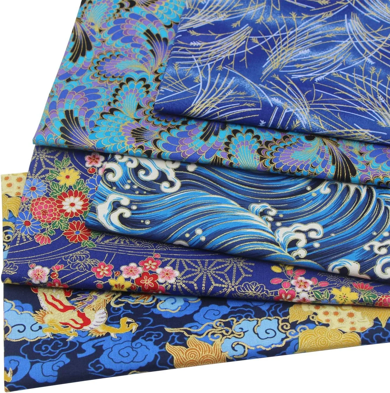 بسته پارچه های نخی تکه دوزی aufodara Crafts، 5 تکه 50 × 50 سانتی متر، پارچه های طرح دار گلدار طلایی برنزی زیبا به سبک ژاپنی برای دوخت لحاف، کاردستی هنری DIY (آبی)