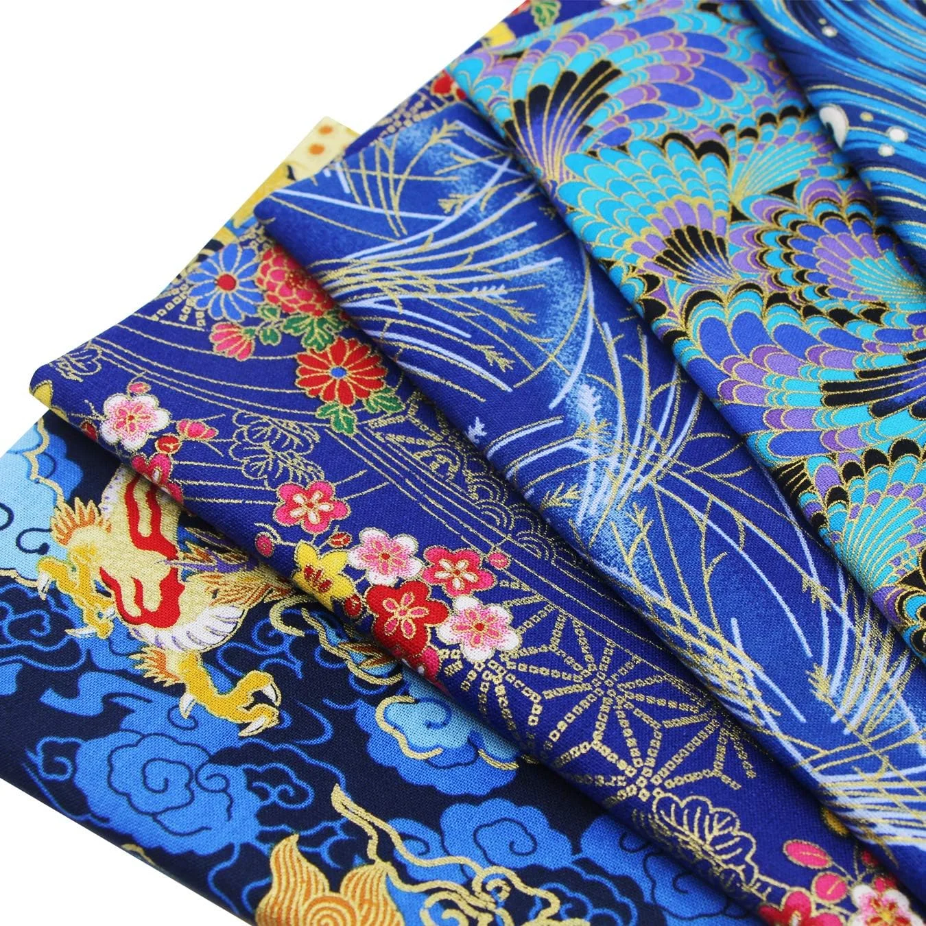 بسته پارچه های نخی تکه دوزی aufodara Crafts، 5 تکه 50 × 50 سانتی متر، پارچه های طرح دار گلدار طلایی برنزی زیبا به سبک ژاپنی برای دوخت لحاف، کاردستی هنری DIY (آبی)