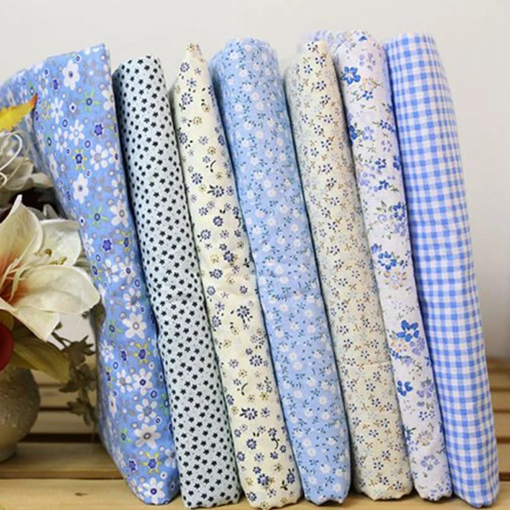 Enyolidimk 7Pcs Gaweb Square Shape, Flower, Striped, Polka Dot Cotton Fabric Fabric for Sewing, 25x25cm Cotton Fabric Flower Polka Dot Bundle DIY Patchwork Quilt Cloth,Craft and Hobby Fabric (Blue)