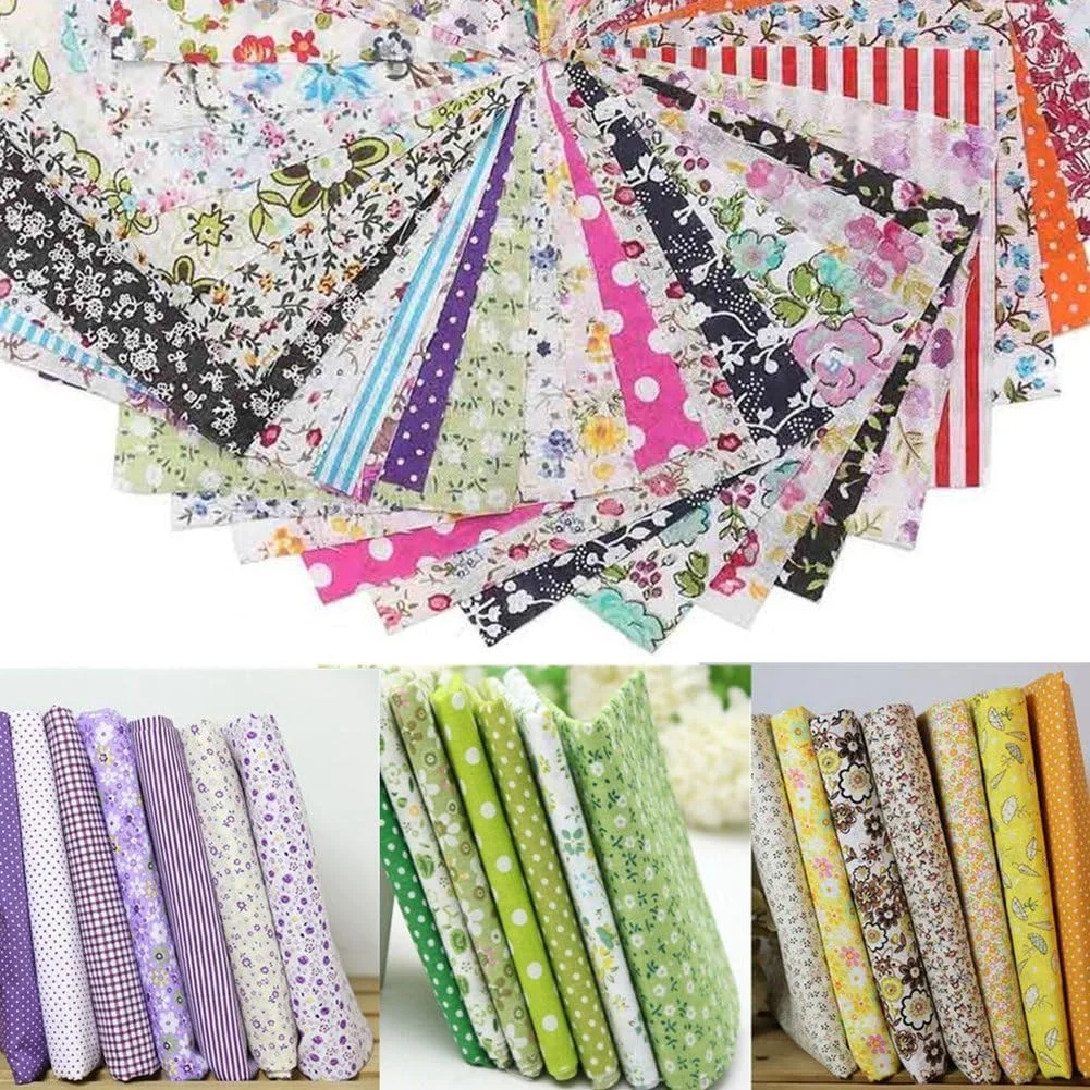 Enyolidimk 7Pcs Gaweb Square Shape, Flower, Striped, Polka Dot Cotton Fabric Fabric for Sewing, 25x25cm Cotton Fabric Flower Polka Dot Bundle DIY Patchwork Quilt Cloth,Craft and Hobby Fabric (Blue)