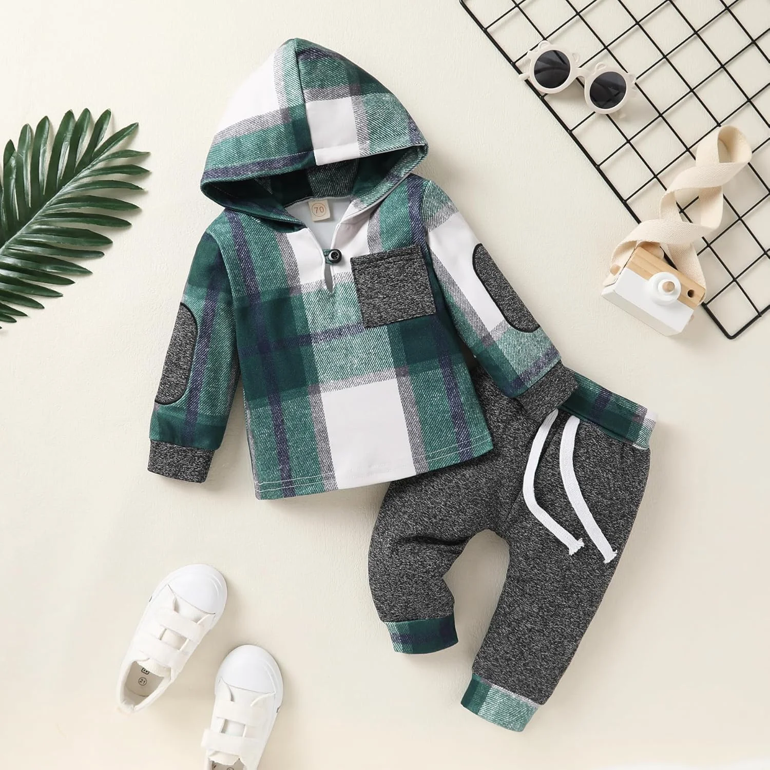 ست لباس زمستانی بچه گانه پسرانه دخترانه، هودی چهارخانه کریسمس، ژاکت، پیراهن + شلوار