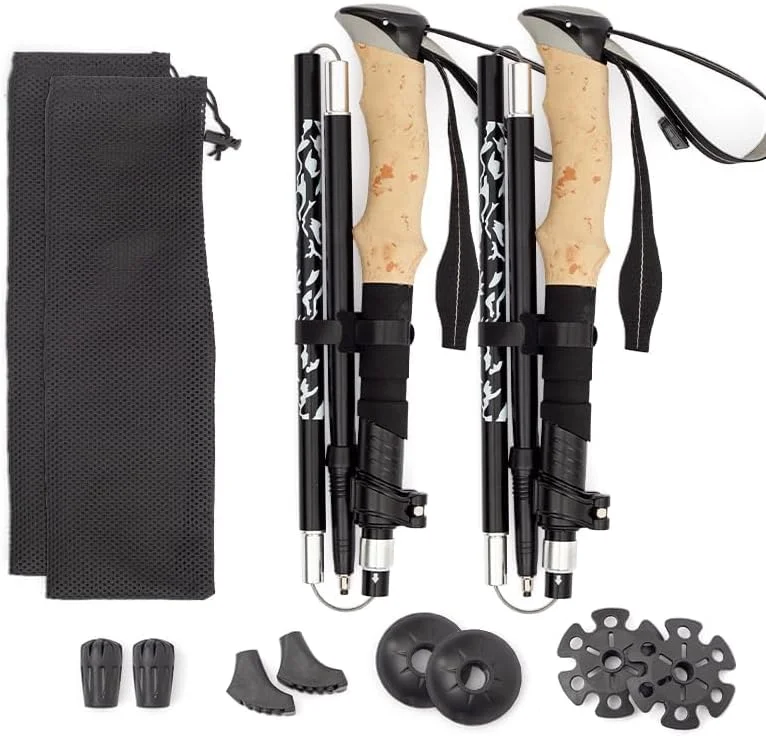 باتوم کوهنوردی برای پیاده روی و عصای کوهنوردی، تاشو و سبک وزن، دسته های چوب پنبه ای واقعی و فوم EVA راحت، لوازم ضروری کوهنوردی برای مردان، زنان و سالمندان، ست 2 عددی، مشکی