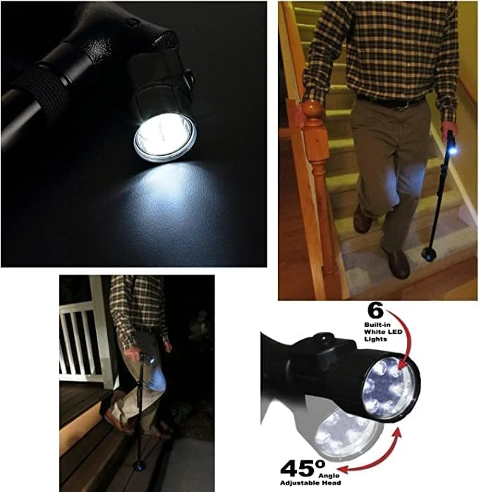 عصای تاشو با چراغ LED، عصا و چوب دستی قابل تنظیم برای مردان و زنان، عصا برای سالمندان با دسته بالشتکی و پایه چهارگانه چرخان برای پیاده روی، کوهنوردی و کوله گردی عصای تاشو با چراغ LED، عصا و چوب دستی قابل تنظیم برای مردان و زنان، عصا برای سالمندان با دسته بالشتکی و پایه چهارگانه چرخان برای پیاده روی، کوهنوردی و کوله گردی