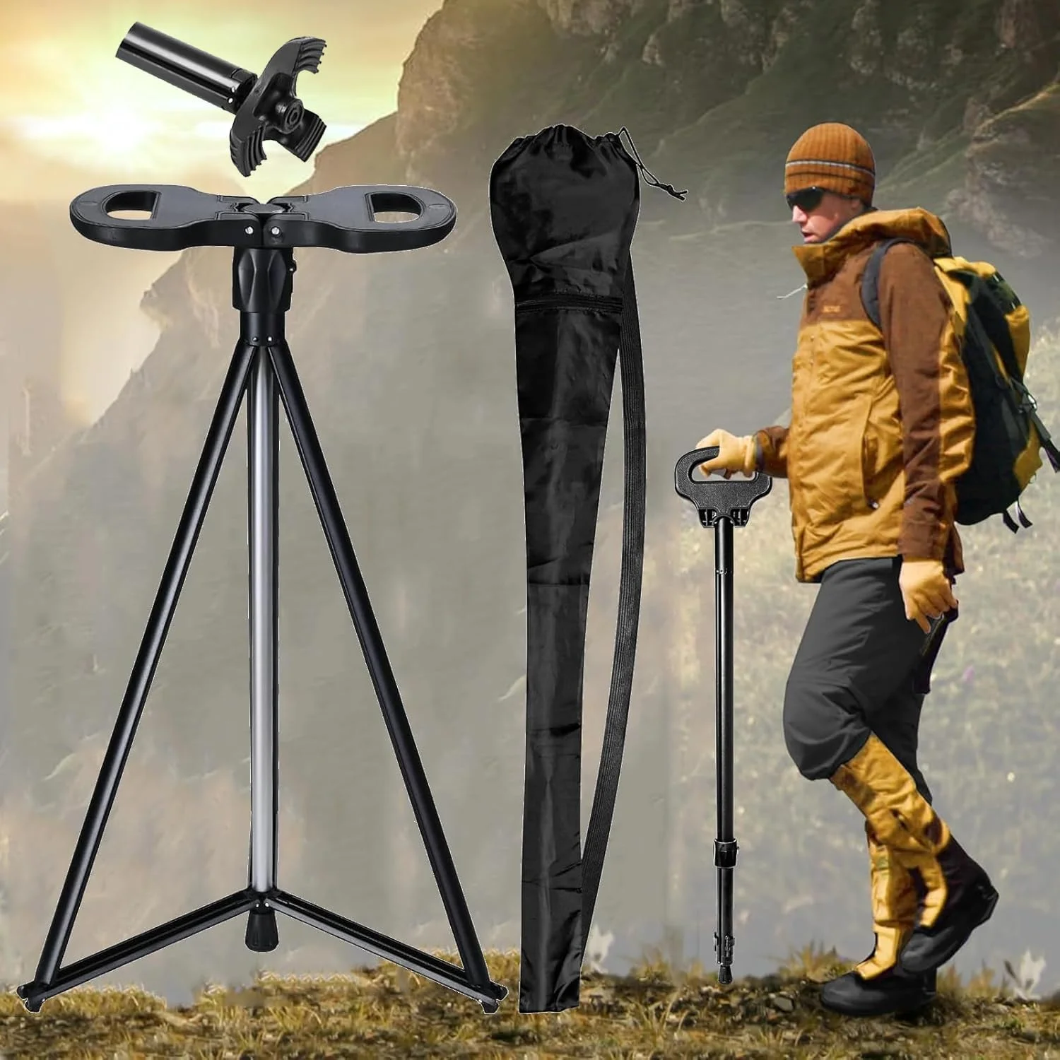 عصای کوهنوردی MJVV مدل Trekking، صندلی تاشو، آلومینیومی سبک وزن، مناسب برای سالمندان، آقایان و بانوان