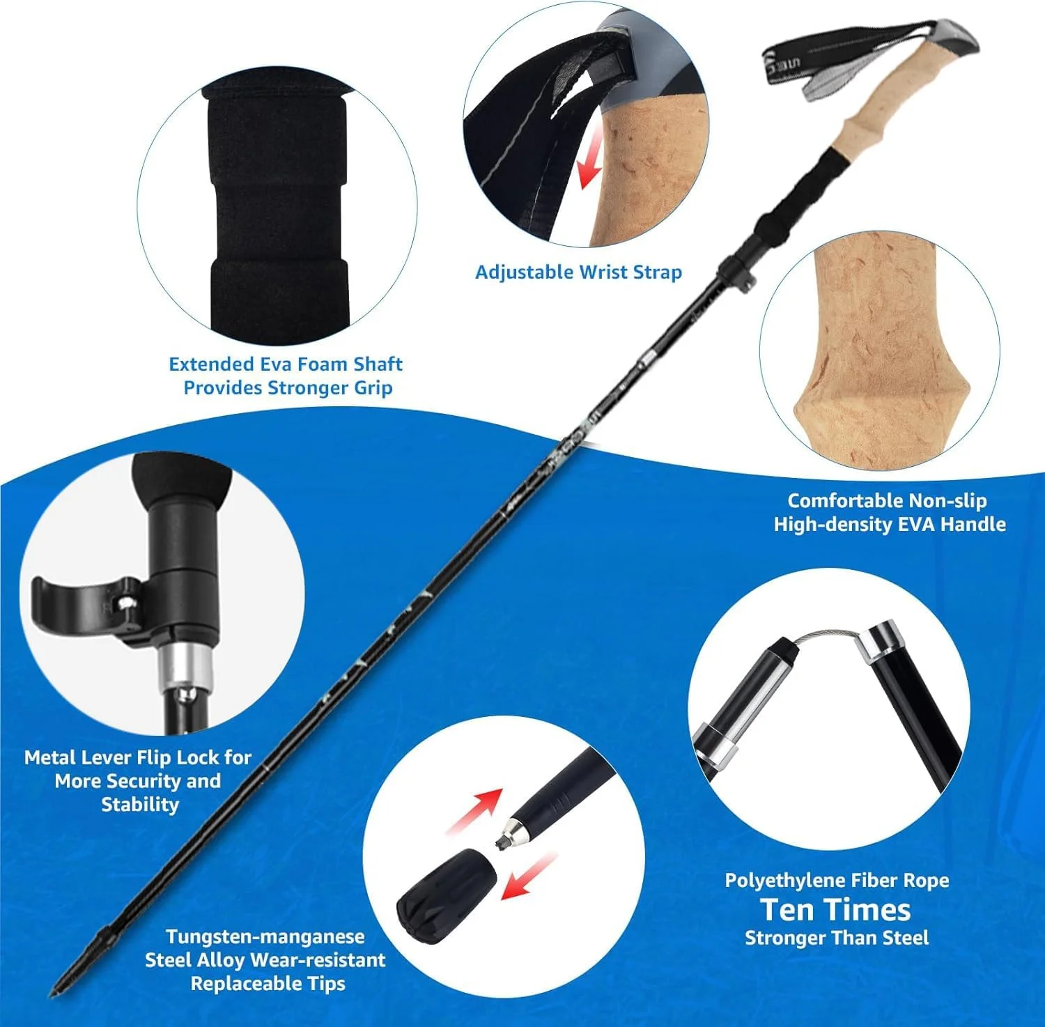 باتوم کوهنوردی تاشو Dsocoool - باتوم های پیاده روی تاشو سبک وزن برای زنان و مردان - عصا برای پیاده روی - عصاهای پیاده روی قابل تنظیم با قفل سریع و لوازم جانبی مناسب برای تمام سطوح - مجموعه 2 عددی