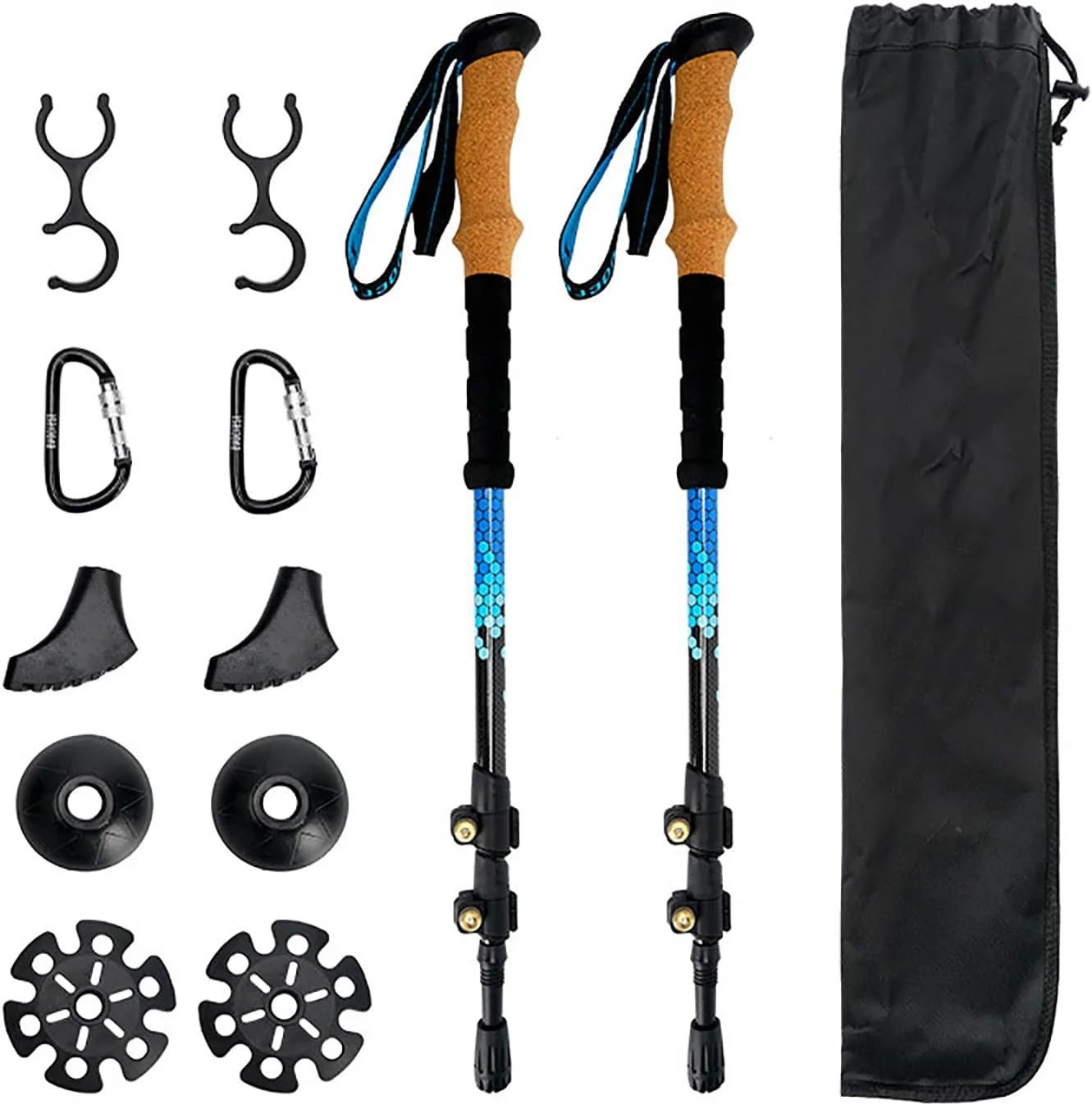 عصای کوهنوردی تاشو DJGvgtf، عصای کوهنوردی و پیاده روی فوق سبک فیبر کربنی ضد ضربه، قفل های تنظیم سریع سبک وزن برای کوهنوردی در فضای باز به همراه کیف حمل، 2 عدد