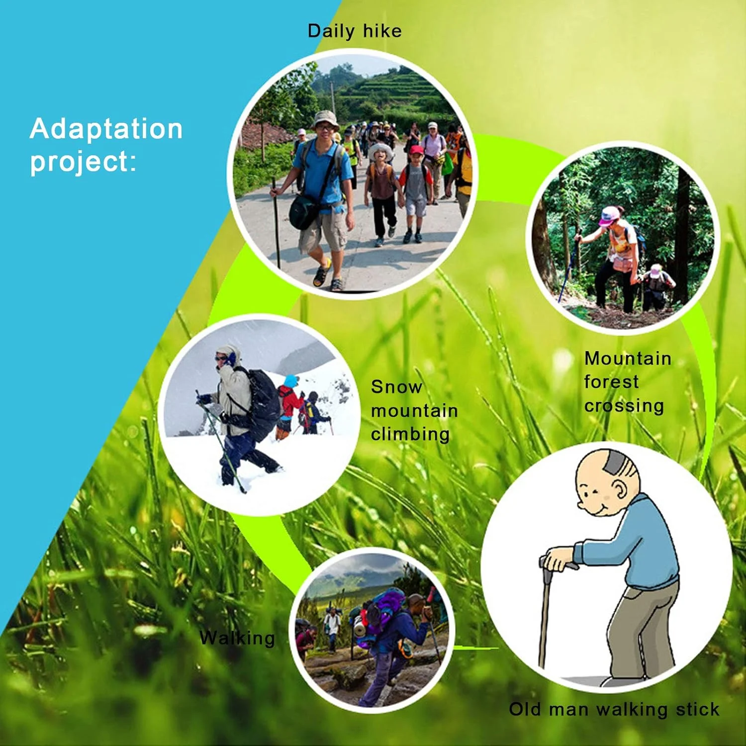 باتوم کوهنوردی، طراحی بند مچی، جذب عرق، آلیاژ آلومینیوم، دسته پلاستیکی، مواد راحت برای کمپینگ در فضای باز، کوهنوردی و پیاده روی