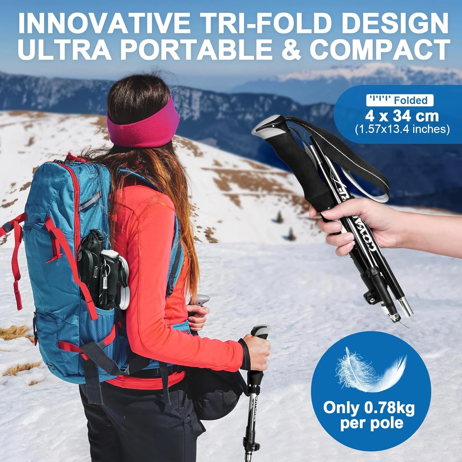باتوم کوهنوردی کوواکیور تاشو - عصای پیاده روی آلیاژ آلومینیوم 7075 برای کوهنوردی با طراحی تلسکوپی و تاشو سه تایی، تجهیزات کوهنوردی برای زنان و مردان، پیاده روی، کمپینگ، صخره نوردی