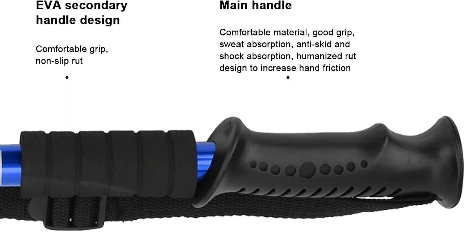 باتوم کوهنوردی، طراحی بند مچی، جذب عرق، آلیاژ آلومینیوم، دسته پلاستیکی، مواد راحت برای کمپینگ در فضای باز، کوهنوردی و پیاده روی