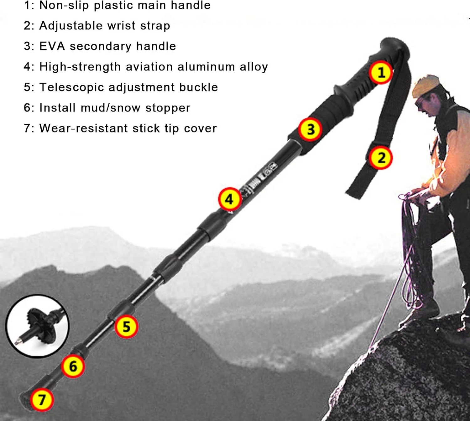 باتوم کوهنوردی، طراحی بند مچی، جذب عرق، آلیاژ آلومینیوم، دسته پلاستیکی، مواد راحت برای کمپینگ در فضای باز، کوهنوردی و پیاده روی