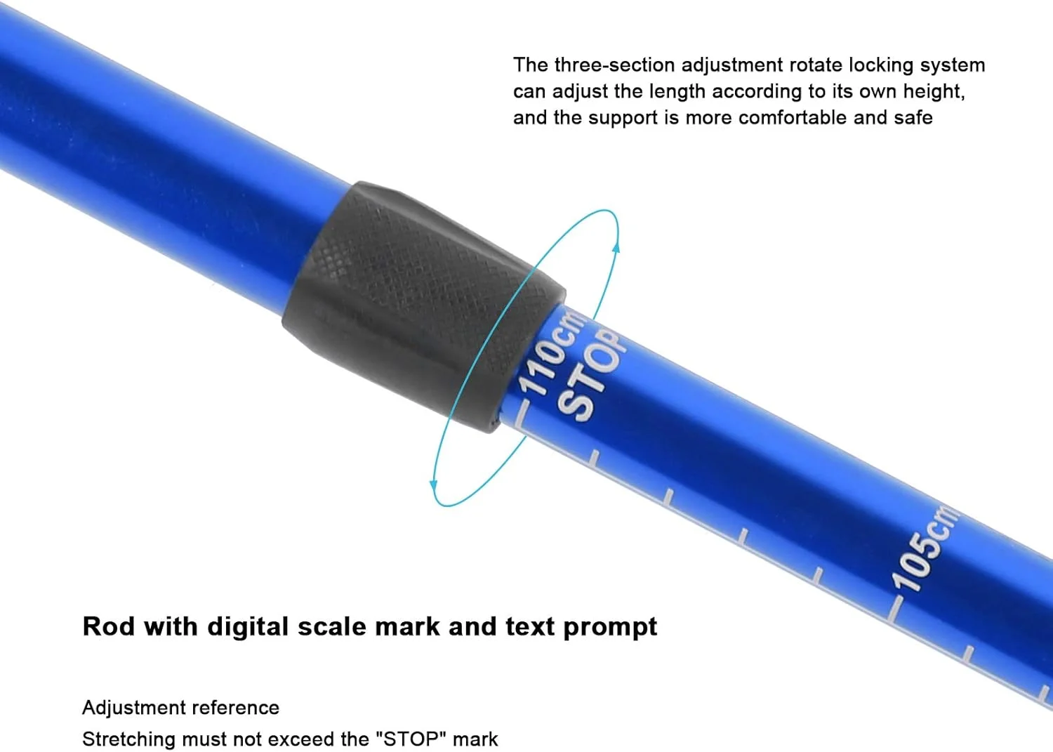 باتوم کوهنوردی، طراحی بند مچی، جذب عرق، آلیاژ آلومینیوم، دسته پلاستیکی، مواد راحت برای کمپینگ در فضای باز، کوهنوردی و پیاده روی