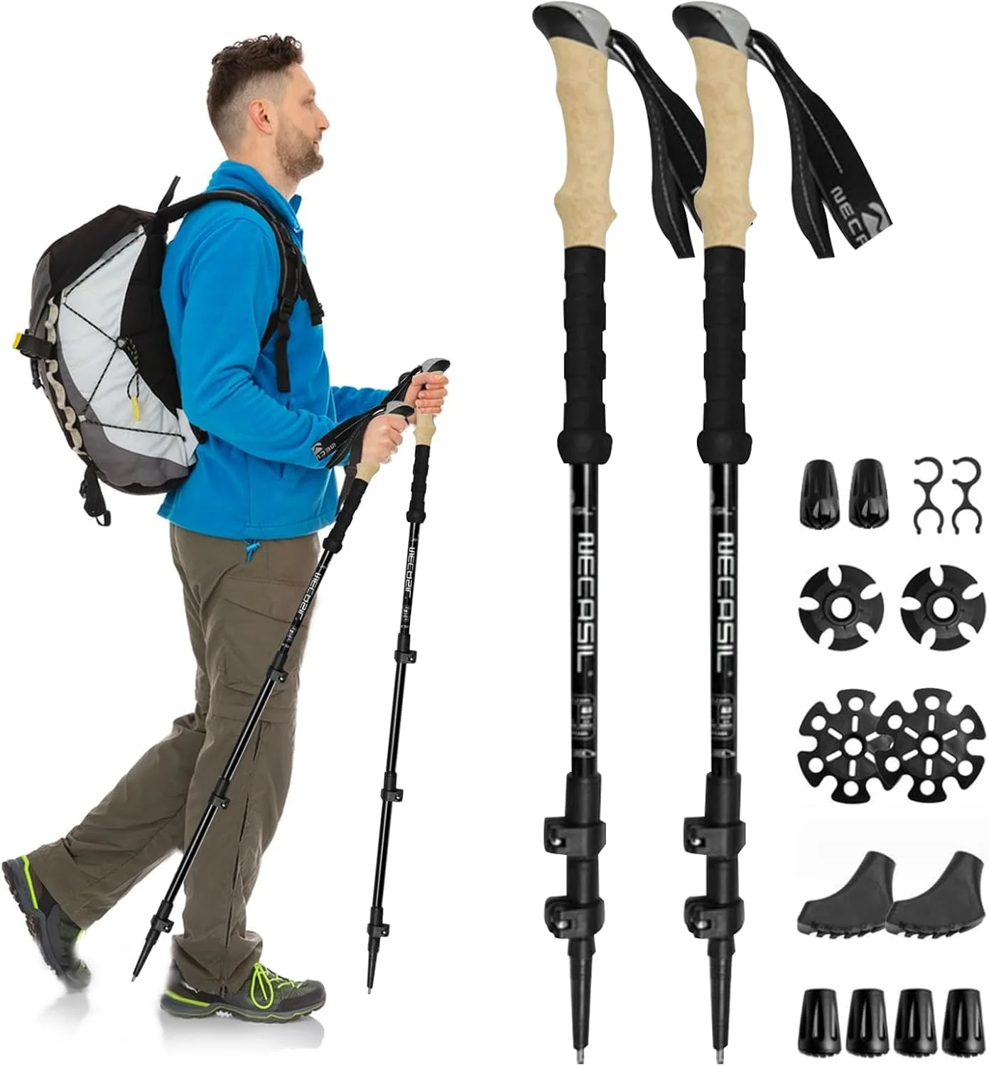 باتوم کوهنوردی Beauenty بسته 2 عددی، باتوم های پیاده روی تاشو سبک وزن، چوب های پیاده روی آلومینیومی با سیستم قفل سریع، چوب های کوهنوردی تلسکوپی قابل تنظیم برای پیاده روی، کمپینگ، صخره نوردی