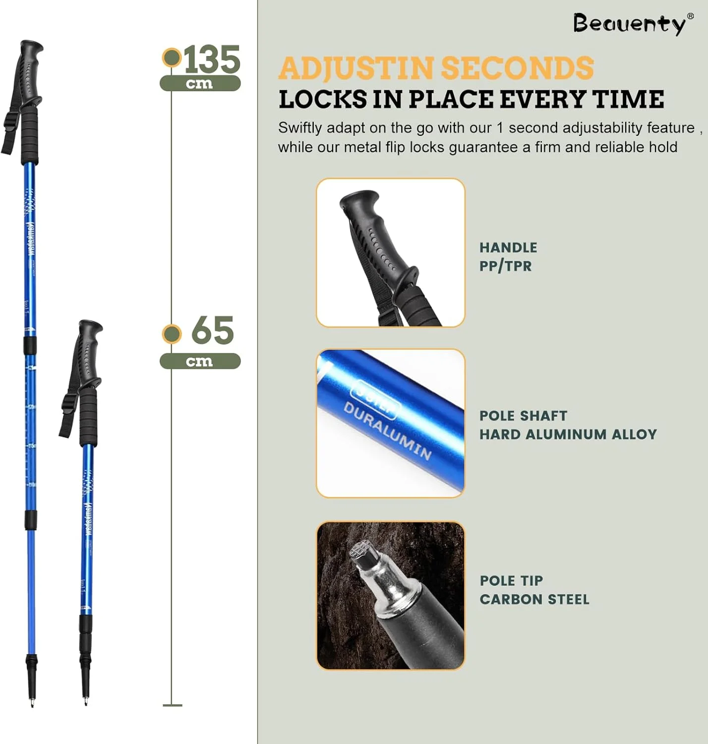 عصای کوهنوردی تاشو Beauenty، عصاهای پیاده روی تلسکوپی، چوب پیاده روی فضای باز با قفل های قابل تنظیم سریع، عصاهای پیاده روی فوق سبک برای مردان و زنان