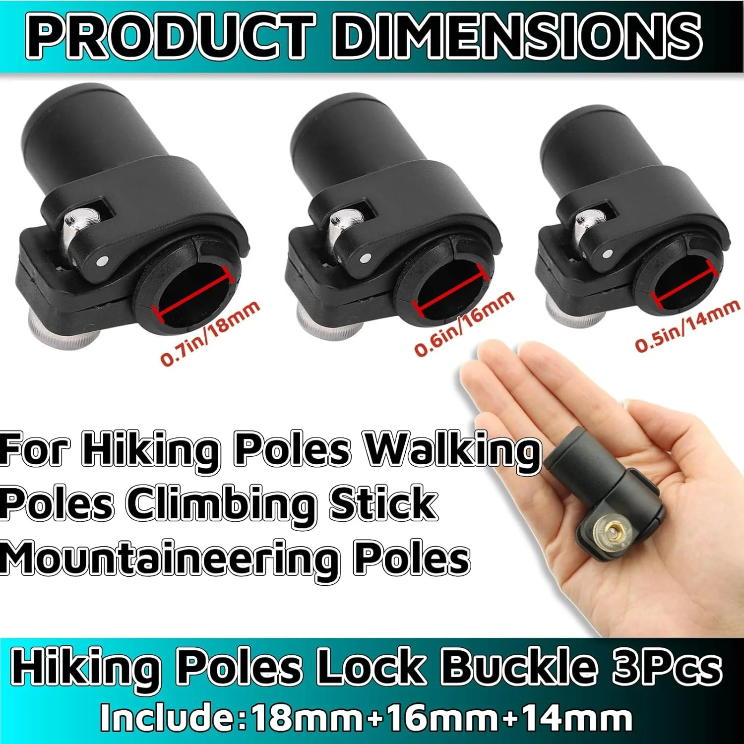 3 عدد قفل عصای کوهنوردی، قفل خارجی عصای کوهنوردی، قطعات عصای کوهنوردی 18mm+16mm+14mm قفل های بیرونی ضامن دار سریع رها شونده برای عصاهای کوهنوردی، عصاهای پیاده روی، چوب کوهنوردی، عصاهای کوهنوردی