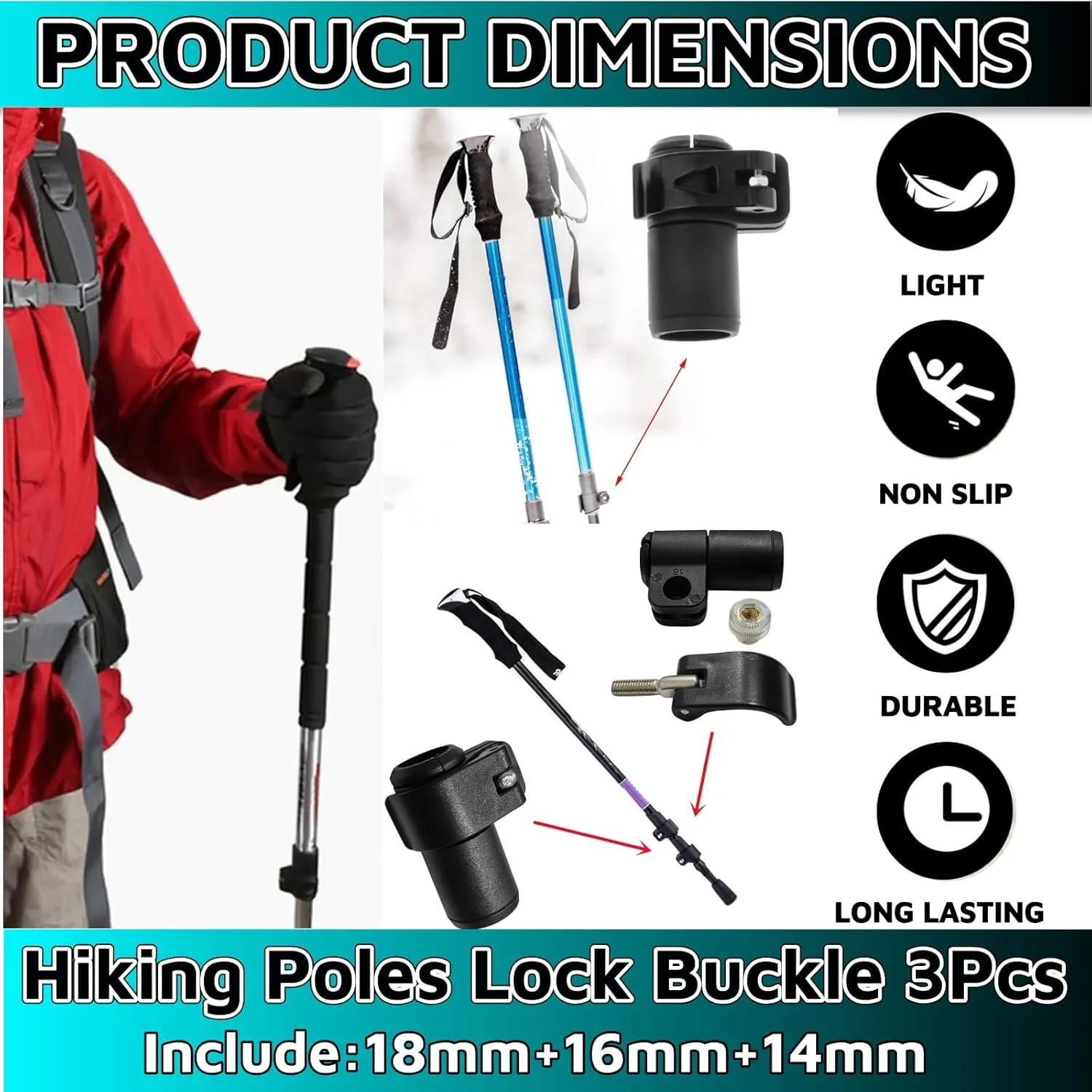 3 عدد قفل عصای کوهنوردی، قفل خارجی عصای کوهنوردی، قطعات عصای کوهنوردی 18mm+16mm+14mm قفل های بیرونی ضامن دار سریع رها شونده برای عصاهای کوهنوردی، عصاهای پیاده روی، چوب کوهنوردی، عصاهای کوهنوردی