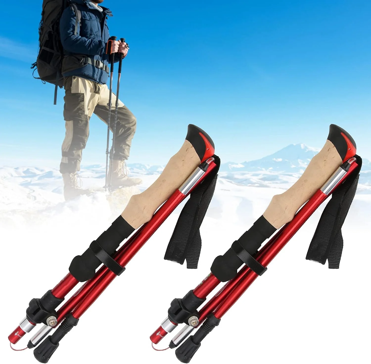 عصای کوهنوردی HEJLZC، آلیاژ آلومینیوم تاشو قابل حمل سبک وزن برای کوهنوردی و پیاده روی