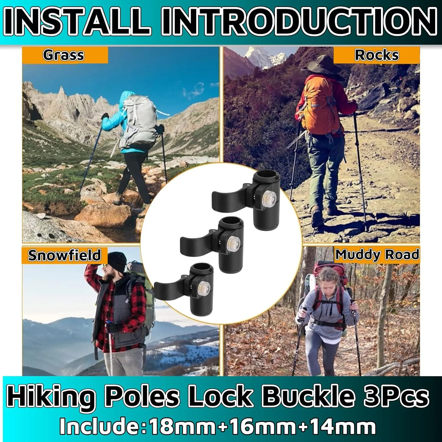 3 عدد قفل عصای کوهنوردی، قفل خارجی عصای کوهنوردی، قطعات عصای کوهنوردی 18mm+16mm+14mm قفل های بیرونی ضامن دار سریع رها شونده برای عصاهای کوهنوردی، عصاهای پیاده روی، چوب کوهنوردی، عصاهای کوهنوردی