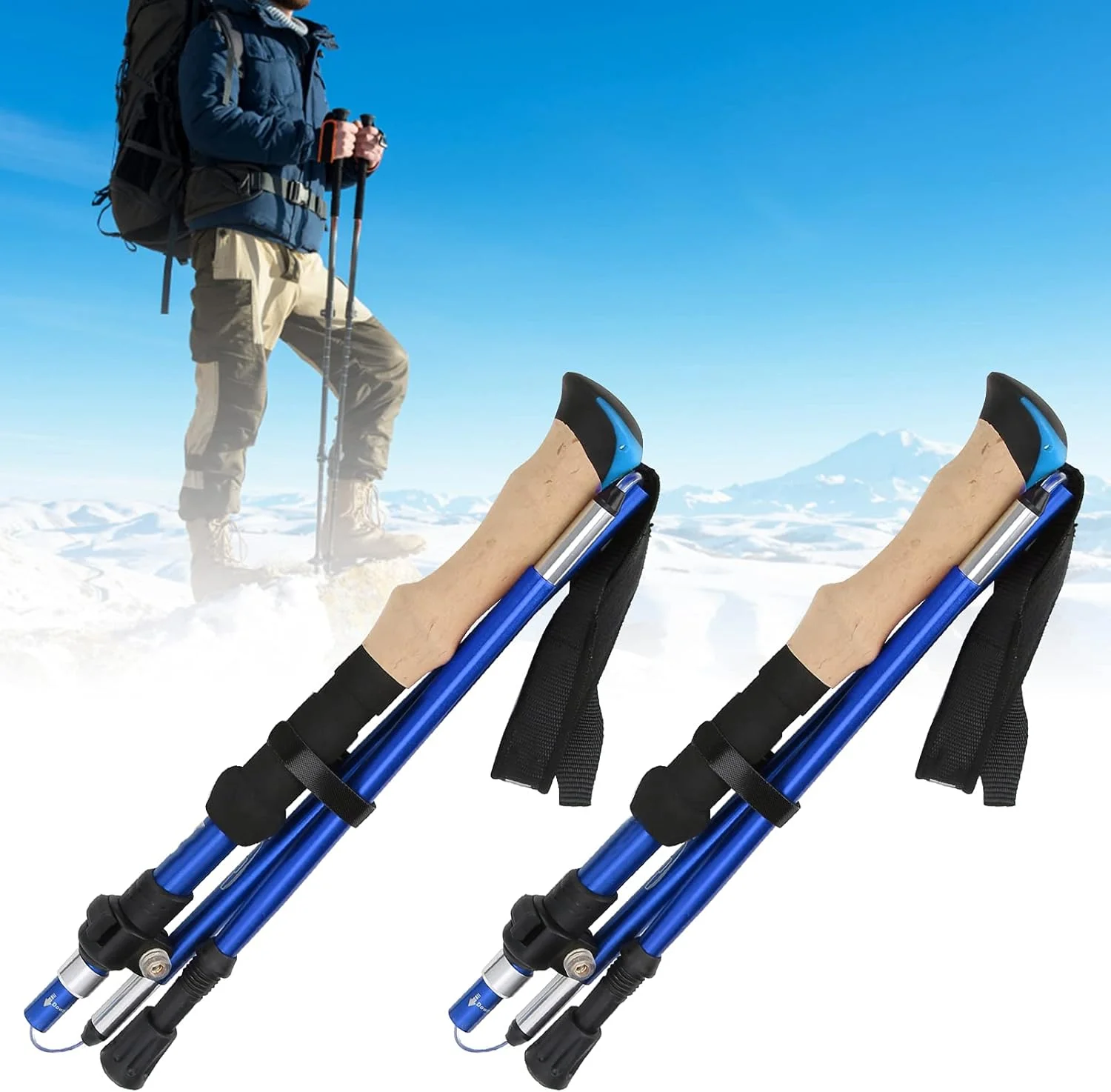 عصای کوهنوردی HEJLZC، آلیاژ آلومینیوم تاشو قابل حمل سبک وزن برای کوهنوردی، پیاده روی و گردش