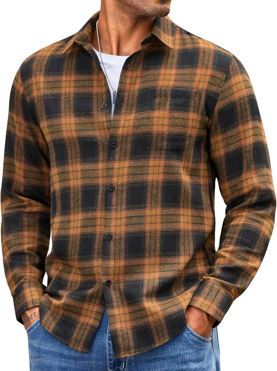 پیراهن مردانه چهارخانه COOFANDY آستین بلند، پیراهن سبک وزن دکمه دار غیر رسمی با جیب، خاکی، M