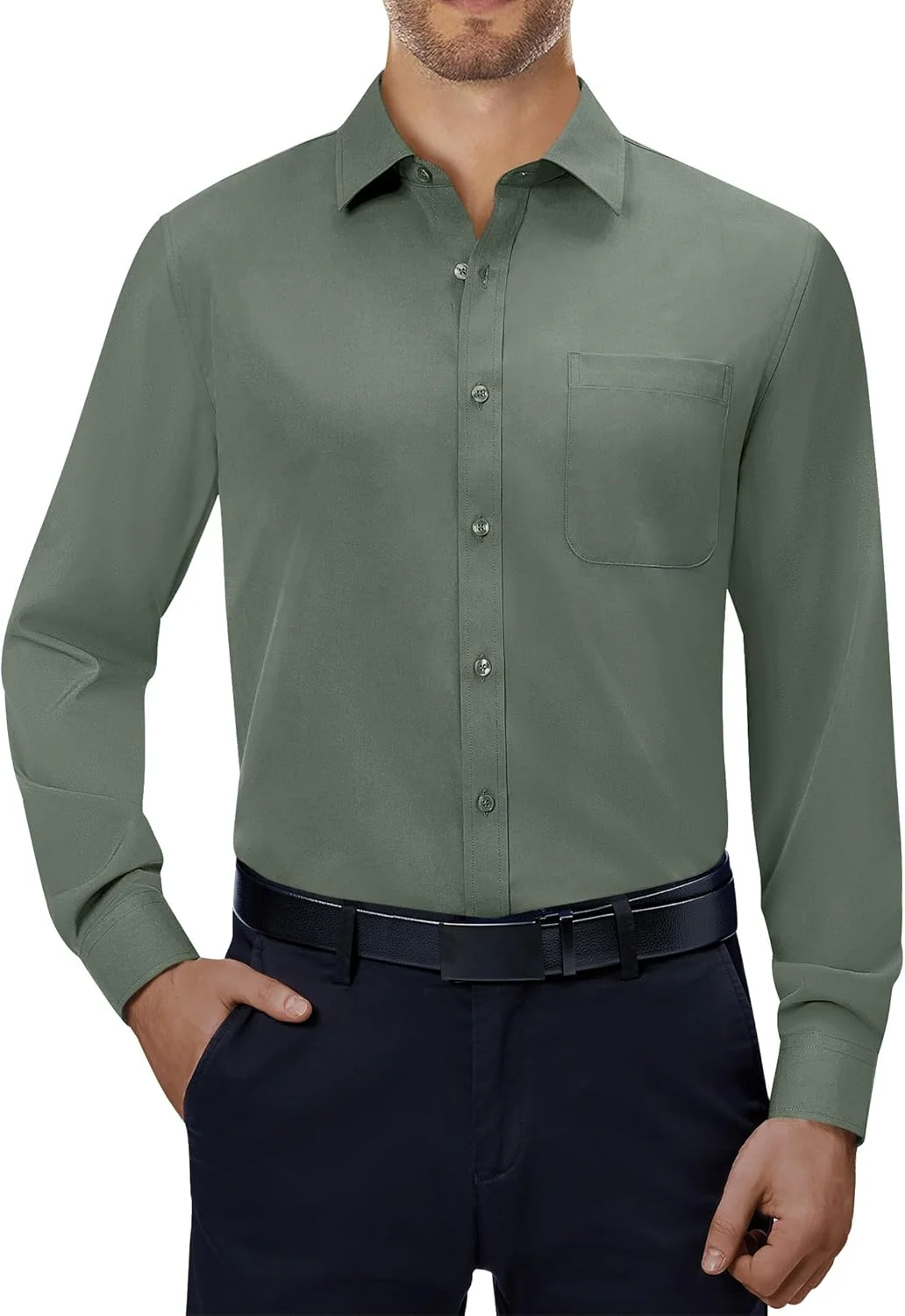پیراهن مردانه مجلسی Alimens & Gentle، کشسان 4 طرفه، آستین بلند، یقه دار، غیر رسمی، یکدست، مناسب عروسی و قرار ملاقات، دکمه دار، سبز روشن، XL