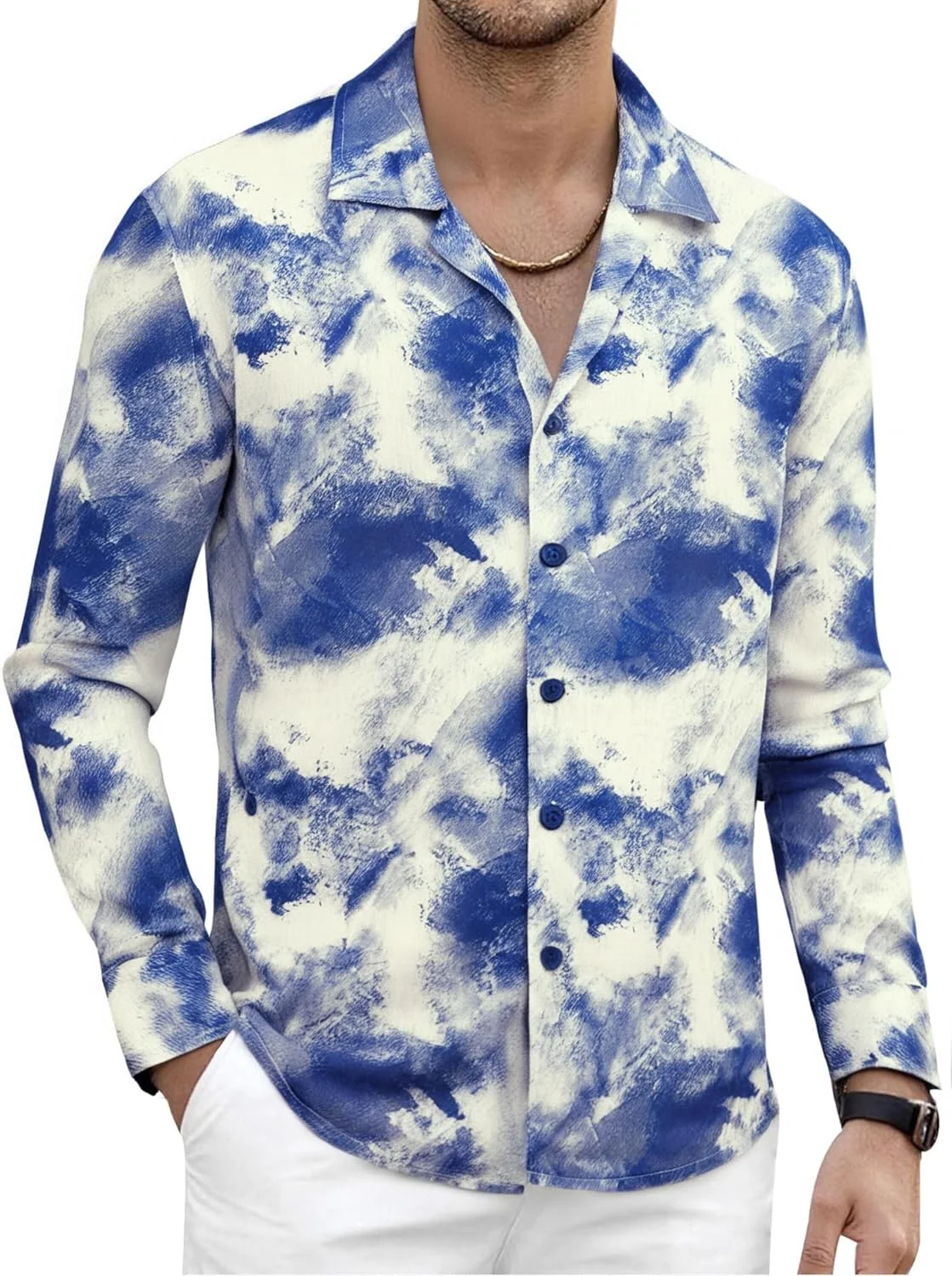 پیراهن مردانه دکمه دار طرح دار Alex Vando، آستین بلند، یقه کمپ، کتان و لینن، مناسب استفاده روزمره