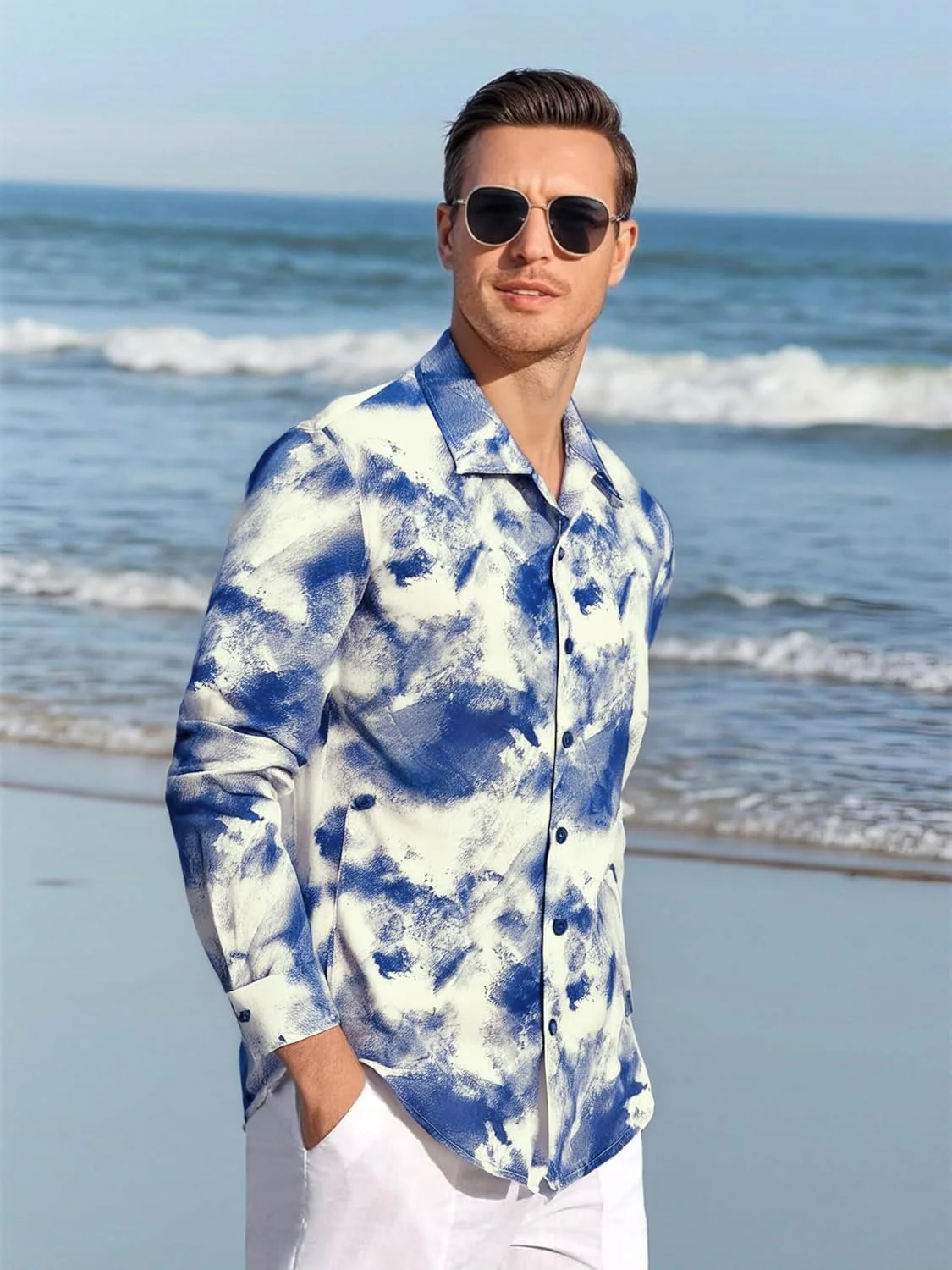 پیراهن مردانه دکمه دار طرح دار Alex Vando، آستین بلند، یقه کمپ، کتان و لینن، مناسب استفاده روزمره