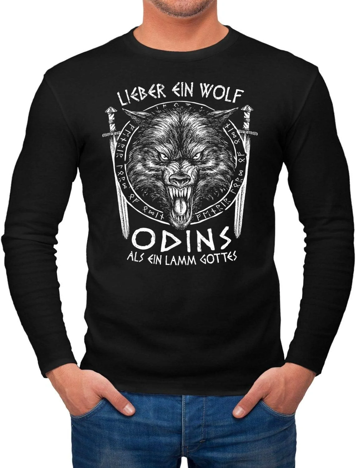 Neverless Men's Long-Sleeved Shirt Lieber Ein Wolf Odins als EIN Lamb Gottes Norse Mythology Viking Fashion Street Style Black L