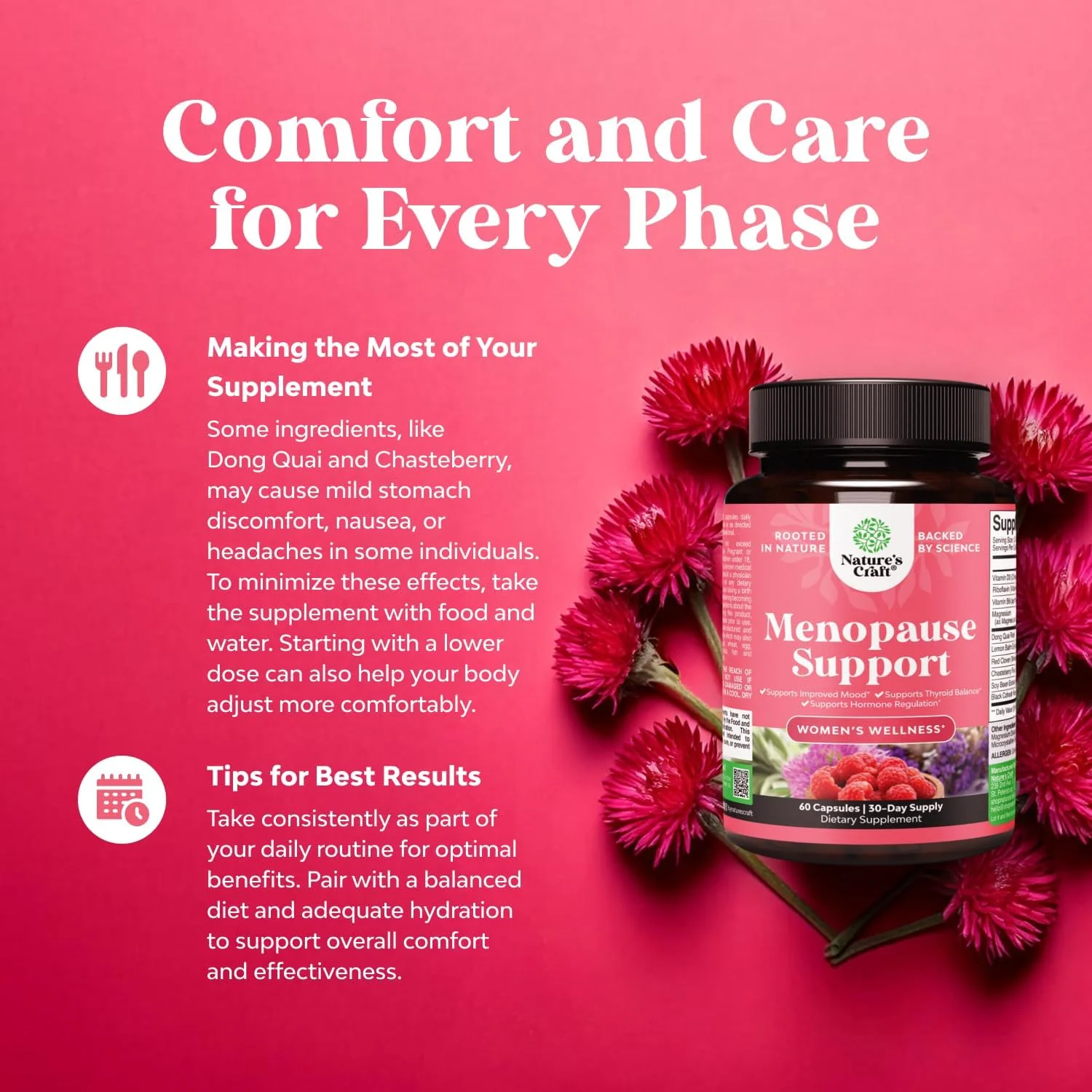 مکمل های طبیعی یائسگی Natures Craft برای زنان - ایده آل برای تعادل هورمونی، تعریق شبانه و تسکین گرگرفتگی یائسگی - کوهوش سیاه برای یائسگی با رزوراترول و دونگ کوای