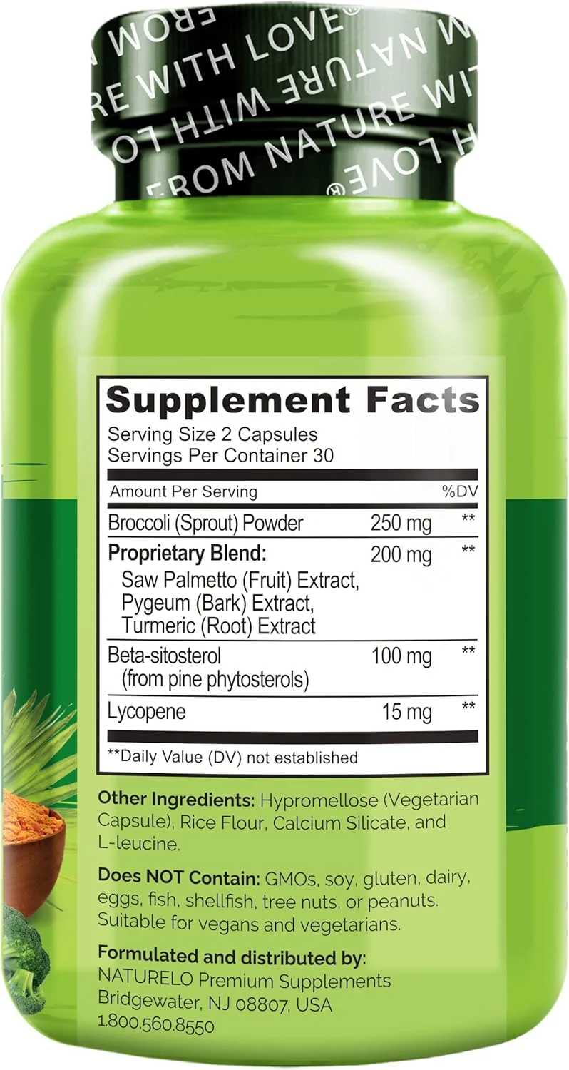 مکمل سلامت پروستات و مجاری ادراری NATURELO - فرمول جامع با نخل اره ای، پیجیوم، زردچوبه، استرول های گیاهی، کلم بروکلی و لیکوپن - 60 کپسول گیاهی