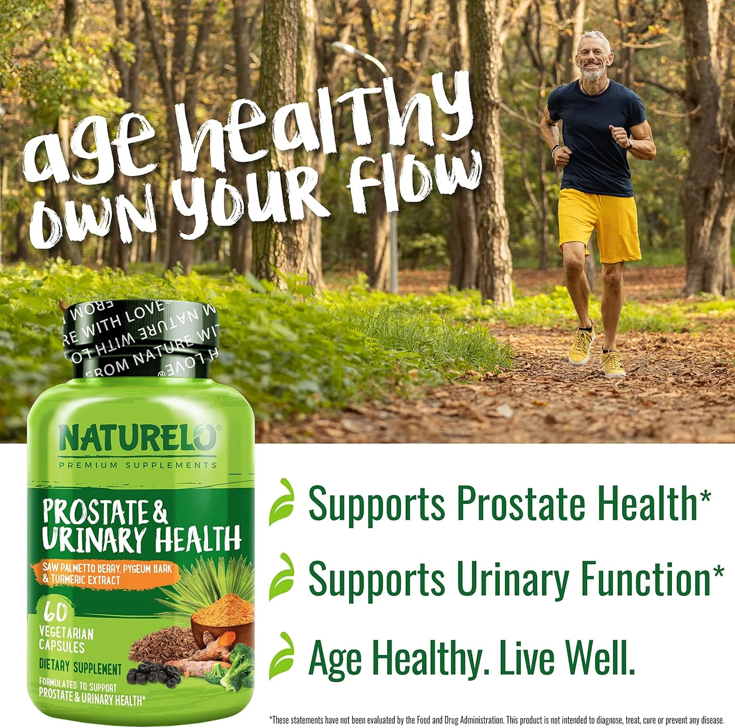 مکمل سلامت پروستات و مجاری ادراری NATURELO - فرمول جامع با نخل اره ای، پیجیوم، زردچوبه، استرول های گیاهی، کلم بروکلی و لیکوپن - 60 کپسول گیاهی
