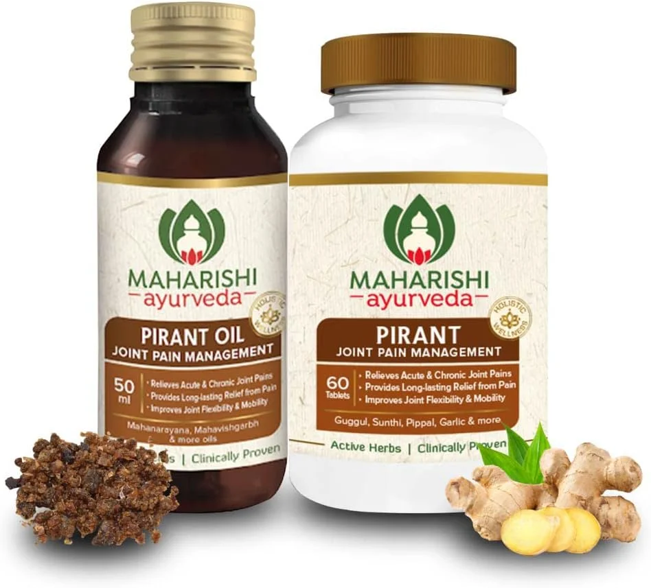 مجموعه تسکین درد مفاصل آیورودا ماهارشی شامل قرص های پیرانت و روغن پیرانت | مکمل تسکین درد برای مفاصل | برای آرتروز، اسپوندیلیت و خشکی صبحگاهی - 60 قرص و 50 میلی لیتر روغن