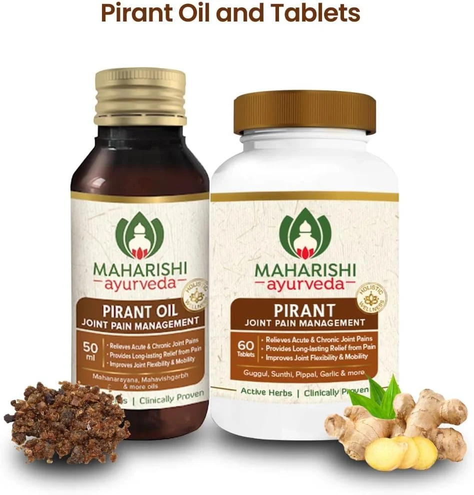 مجموعه تسکین درد مفاصل آیورودا ماهارشی شامل قرص های پیرانت و روغن پیرانت | مکمل تسکین درد برای مفاصل | برای آرتروز، اسپوندیلیت و خشکی صبحگاهی - 60 قرص و 50 میلی لیتر روغن مجموعه تسکین درد مفاصل آیورودا ماهارشی شامل قرص های پیرانت و روغن پیرانت | مکمل تسکین درد برای مفاصل | برای آرتروز، اسپوندیلیت و خشکی صبحگاهی - 60 قرص و 50 میلی لیتر روغن